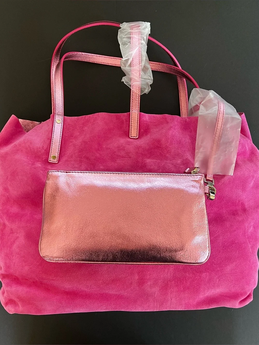 Tiffany & Co Slouchy Hot Pink Suede Reversible Metallic Large Tote Bag New